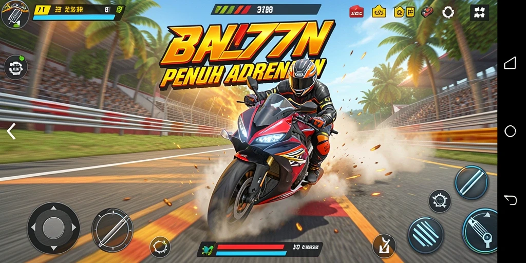 Screenshot menunjukkan aksi balapan motor yang mendebarkan di AN777.