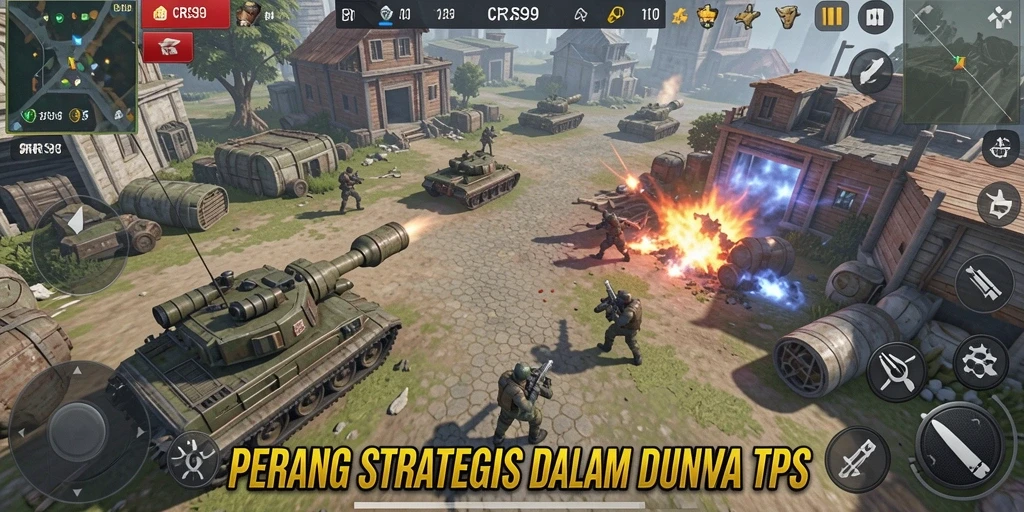 Tampilan layar gameplay CRS99 yang intens dalam pertempuran TPS.