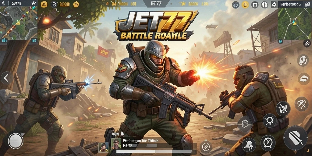 Tangkapan layar gameplay JET77 menunjukkan pertempuran intens di arena.