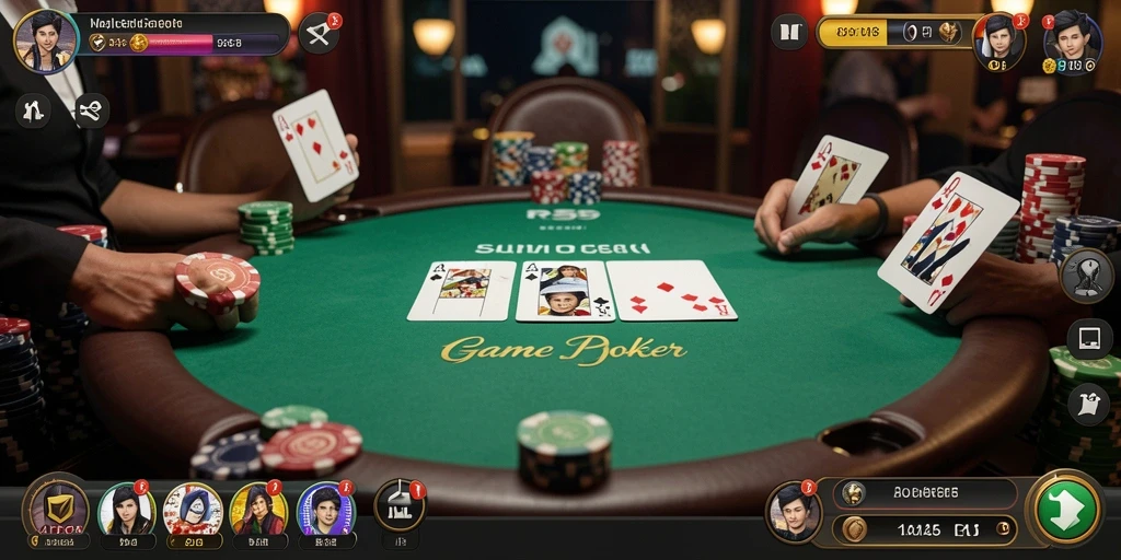 Screenshot utama RP55 menampilkan pemain poker yang terlibat dalam permainan seru.